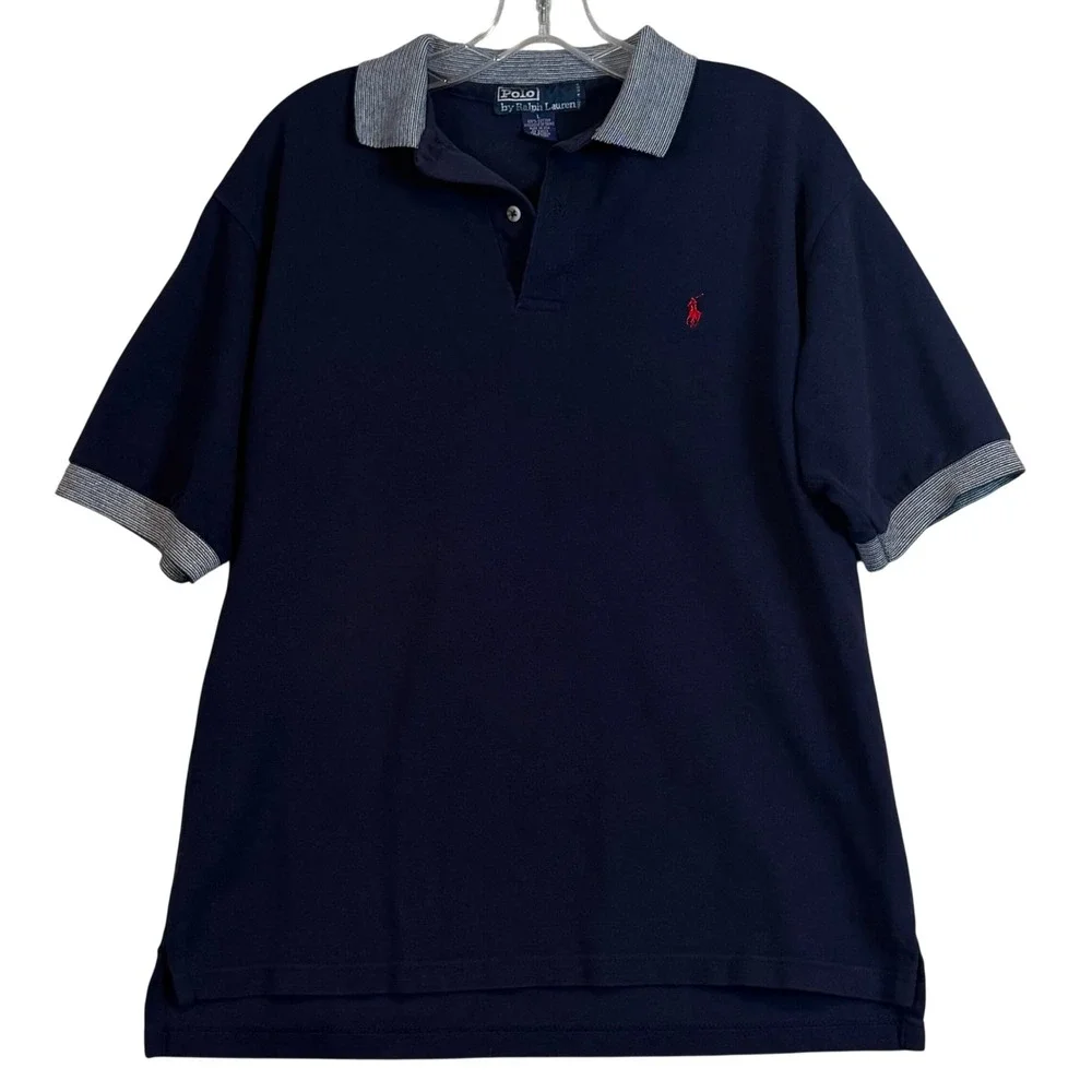Polo Ralph Lauren Mens Large Navy Blue Striped Collar‎ Polo Shirt Preppy Summer